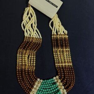 Handcrafted Multistrand Beaded Necklace - Brown, Cream & Turquoise